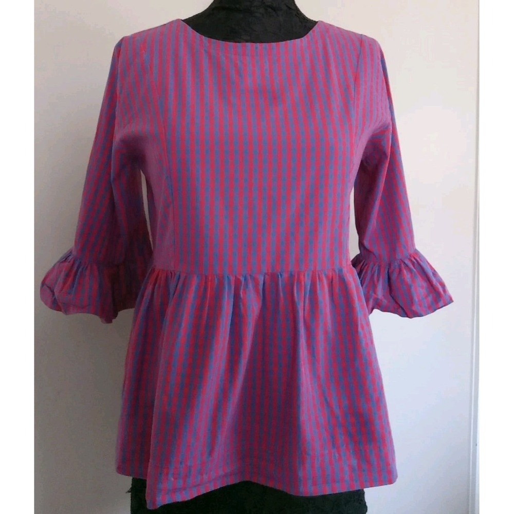 Collyn Raye Women‎ Red Blue Gingham Peplum Babydoll Back Zip Cotton Top Size M